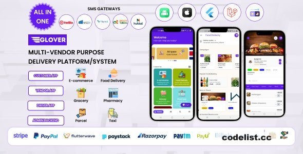Glover v1.7.02 – Grocery, Food, Pharmacy Courier &amp; Service Provider + Backend + Driver &amp; Vendor app - nulled