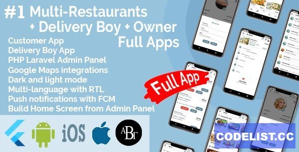 Multi-Restaurants Flutter App + Delivery Boy App + Owner App + PHP Laravel Admin Panel + Web Site v2.1.1