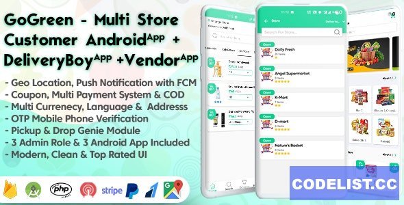 GoGreen v1.9 - Food, Grocery, Pharmacy Multi Store(Vendor) Android App with Interactive Admin Panel