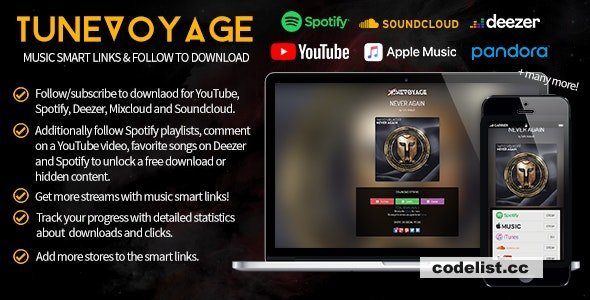 TuneVoyage v1.7 - Smart Links &amp; Follow To Download (Spotify/YouTube/Deezer/Soundcloud/Mixcloud)