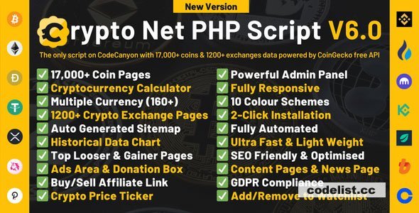 Crypto Net v6.0 - CoinMarketCap, Prices, Chart, Exchanges, Crypto Tracker, Calculator &amp; Ticker PHP Script