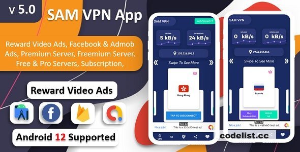 SAM VPN App v5.0 - Secure VPN and Fast Servers VPN | Reward Video Ads | Subscription | Admob &amp; FB Ads